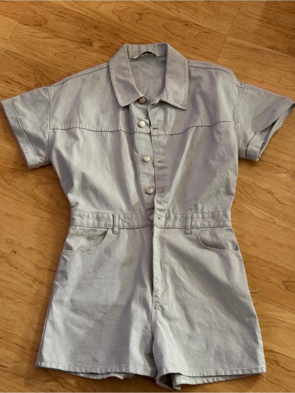 Zara Metallic Silver Romper Summer Comfort Denim Shiny Pockets Stylish